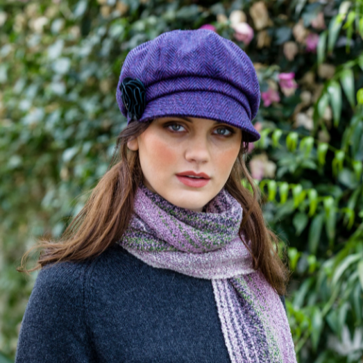 Coral Plaid Tweed Newsboy Hat